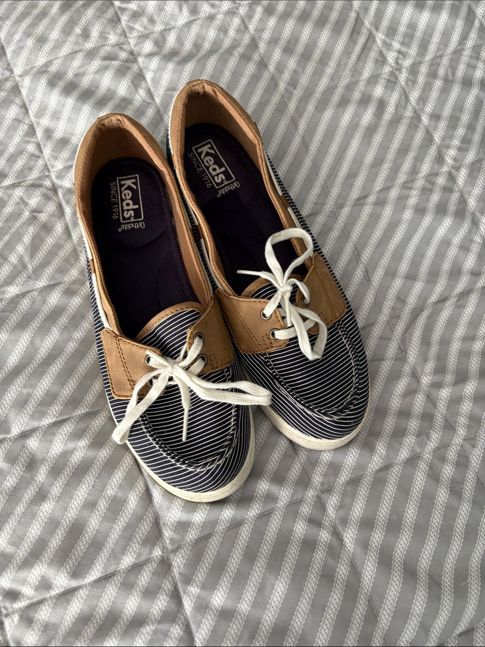 Keds womens Navy & White Striped Canvas Boat Shoes with Tan Trim